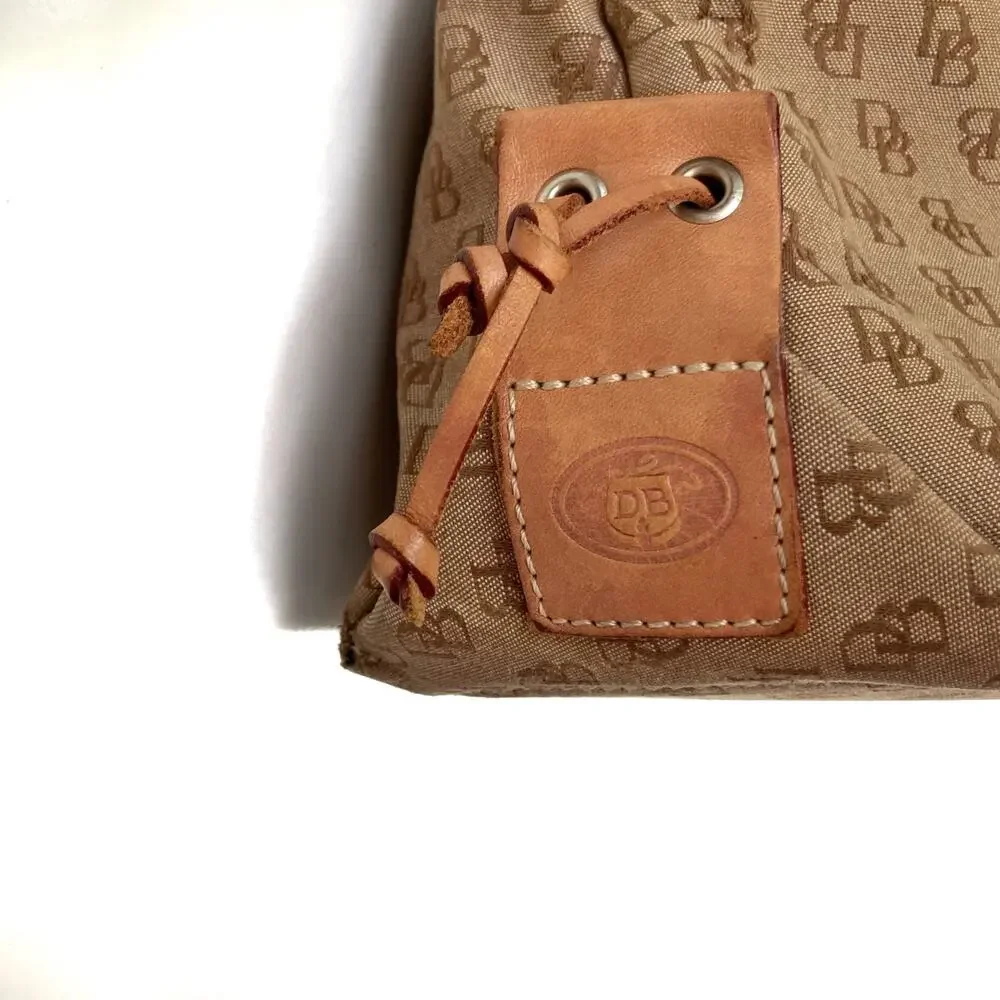 Y2K Dooney Monogram Canvas Tote | Preppy Neutral Shoulder Bag with Leather Trim - Picture 6 of 16